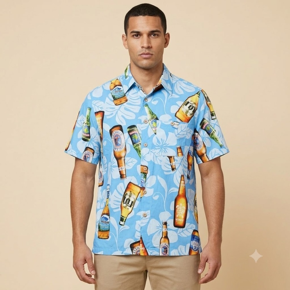 Junction West Beer Print Hawaiian Shirt Mens Large Blue Novelty Tropical Allover